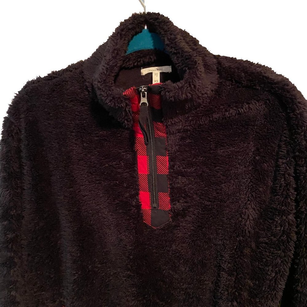 Maurices NWT Women's Black Buffalo Plaid Trim Teddy Sherpa Sweatshirt Size XS - Picture 3 of 10